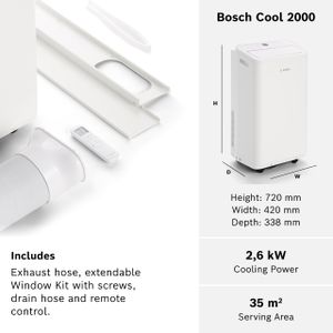 Bosch Cool 2000 Portable Air Conditioner – 3-in-1, 2.6 kW, Dehumidifier & Fan, Auto/Silent/Sleep Modes, Up to 35m²