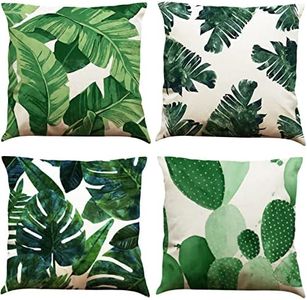 BINXWA Set of 4 Cushion Covers 45 x 45 cm, Tropical Plants Theme Decorative Cushion Cover, Cotton Linen Cushion Cover, Sofa Cushion Cover, Outdoor Garden Decoration