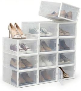 Stacked Large 12 Pack Shoe Storage Boxes, Stackable Shoe Organizers for Closet, Clear Ventilated Design, Durable Plastic Space Saving Foldable Shoe Rack, Sneaker Storage Container Bin, Fits Size 10