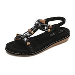 Hwalleum Women's Bohemian Flat Sandals, Ladies Outdoor Casual Sandal Faux Leather Open Toe Sling Back T-Bar Diamante Rhinestone Flat Gladiator Summer Beach Sandals