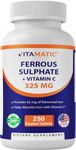 Vitamatic Ferrous Sulphate 325 mg + Vitamin C 100 mg - (65 mg Elemental Iron) High Potency Iron Supplement | No Artificial Color Additives - 250 Coated Tablets - Made in USA