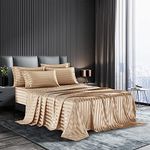 AiMay 6 Piece Bed Sheet Pillowcase Set Deep Pocket Luxury Rich Silk Satin Silky Super Soft Solid Color Stripes Reversible Stain-Resistant Wrinkle Free (King, Khaki)