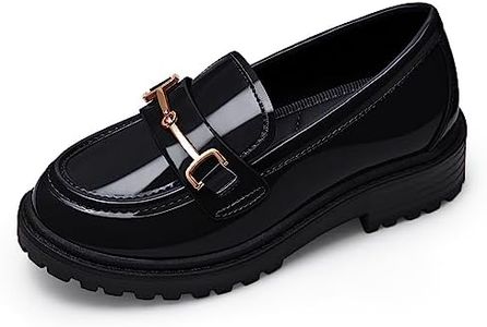 Coutgo Girl's Platform Loafers Slip On Chain Chunky Heel Leather Flats Round Toe School Uniform Dress Shoes Black