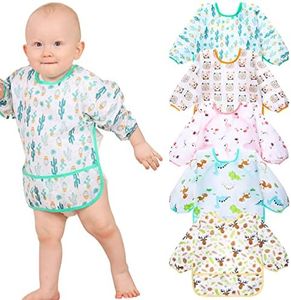 Lictin 5 Pcs Waterproof Long-sleeved Bibs, Baby Smock, Toddler Sleeved Bibs, Bibs with Sleeves Adjustable Neckline for Babies (2-5 years)