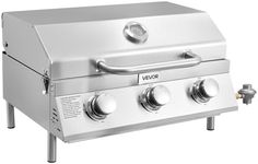 VEVOR Tabletop Gas Grill, 3-Burner Stainless Steel Portable Propane Grill, with Built-in Thermometer, Travel Locks, Weatherproof Lid, 22,500 BTU Total, for Outdoor Cooking, Patio, Party, Camping, RV