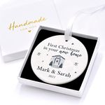 Personalised First Christmas In Your New Home Christmas Tree Ornament, 1st Xmas New House Gift For Him Her, Housewarming Present, Ceramic Heart Circle Decoration With Gift Box