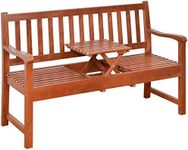 Outsunny Wooden Garden Bench with Pullout Middle Table, Outdoor Loveseat, Patio Bench for Lawn, Yard, Deck and Backyard, Dark Coffee