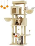 Feandrea Large Cat Tree, 175 cm Tall Cat Tower, Multi-Level Cat Condo with 2 Caves, 2 Baskets, 5 Scratching Posts, Self-Groomer, Perch, Hammock, for Indoor Cats, Sand Beige PCT182Y01