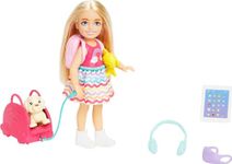 Barbie Toys, Chelsea Doll and Accessories, Travel Set with Puppy and 6 Pieces Including Pet Carrier, HJY17