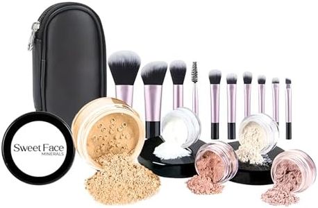16pc STARTER KIT with 10 BRUSHES SET (DEEP TAN) Mineral Makeup Bare Face Loose Powder Includes Matte Foundation, Veil Primer, Blush, Bronzer, Translucent Finishing Setting Powder SPF 30 Travel Size