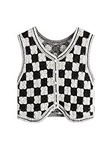 Verdusa Women's Button Front V Neck Sleeveless Checkered Knit Sweater Vest, Black and White, Medium