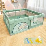 Dawnwake 150x180 cm Large Playpen for Baby up to 5 Years with Ocean Balls and 2 Anti-Fall Grasp Rings, Playard with Safety Lock & Suction Cup (No Mat, Non-Foldable) - Green