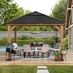 SUNJOY 3.36x3.36m Solid Wood Gazebo with Translucent Skylight, Hardtop Steel Roof, Thicker 14cm Posts, Outdoor Garden Shelter, Rain & Wind Resistance, Heavy Duty Pavilion for Patio, Deck