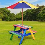 KOTEK Kids Picnic Table with Umbrella Foldable & Removable, Outdoor Fir Wood Table and Benches for Crafting, Eating & Playing, Toddler Activity Table for Backyard, Patio Garden, Gift for Ages 3+