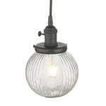 Yosoan Industrial Glass Pendant Light Fitting, Ribbed Ball Hanging Ceiling Light for Kitchen Island,Dining Room,Bedroom,Lving Room (Black)