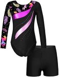 CHICTRY Kids Girls Long Sleeve Gymnastics Leotard Workout Bodysuit with Shorts 2 Pieces Set Tracksuit Tumbling Dance Outfits Black 11-12 Years