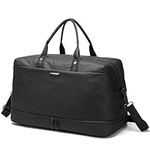 TUGUAN Travel Duffle Bag for Men, Leather Carry On Overnight Weekender Bag with Shoe Compartment for Women Double Layer Gym Tote Bag Waterproof Duffel Bag for Traveling, Business Trip, Sports, Black