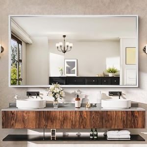 CIRCUMI 72"x40" Brushed Silver Mirror with Chunky Box Metal Frame,Large Bathroom Mirror for Vanity Remodel&New Home,Living Room,Over Sinks,Oversized Wall Mirror,Tempered Glass,Vertical or Horizontal