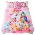 qjmiaofang Kids Unicorn Comforter Twin Set for Girls 6 Pieces Pink Floral Unicorn Bedding Set with Sheets for Girls Flowers Rainbow Hair Cute Unicorn Bed Set Cartoon Unicorn Bed in A Bag Comforter