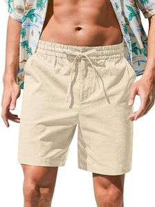 RQP Men's Linen Shorts Casual Elastic Waist Drawstring Summer Beach Shorts,Beige