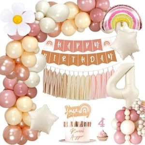 Globos de Cumpleaños 4 Años, Boho Decoración Cumpleaños para Niñas con Globos Rosa Retro, Happy Birthday Pancarta, Decoracion Tartas Cumpleaños, Decoración 4 Años Fiesta Cumpleaños para Niña