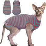 BRKURLEG Hairless Cats T Shirt Stripes Pullover Kitten Shirts Sleeveless Summer Round Collar Cotton Cat Wear Vest for Cornish Rex Devon Rex Peterbald and Small Dogs Sweater(Orange-Blue Stripes, XL)