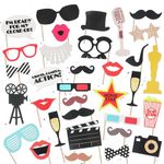 Movie Themed Photo Props Kit - 33 Pieces Movie Night Photo Props Movie Party Decoration Supplies DIY Mustache Glasses Camera Lips Movie Sign and Clapboard for Movie Night Party for Kids Adults