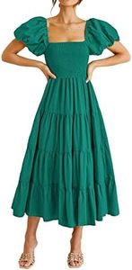 PRETTYGARDEN Women's Casual Summer Midi Dress Puffy Short Sleeve Square Neck Smocked Tiered Ruffle Dresses, Dark Green, Medium