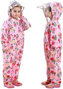 JiAmy Kids Rain Suit Toddler Hooded Rainsuit Poncho Full Body One Piece Coveralls Raincoat for Girls and Boys 1-7 Years, Pink