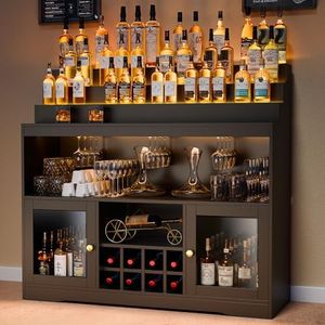 Loomie Wine Bar Cabinet with LED Lighted Liquor Bottle Display Shelf, Liquor Cabinet with Glass Holder, Coffee Bar for Liquor, Storage Buffet with Wine Racks, Wine Cabinet with Door (Black)