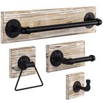 MyGift 4 Piece Wall Mounted Bathroom Hardware Set, Rustic Torched Wood and Industrial Matte Black Metal Pipe Towel Ring, Robe Hook, Toilet Paper Holder and Towel Bar