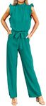 KIRUNDO Jumpsuits For Women Dressy Summer One Piece Sleeveless Ruffle Mock Neck Belt Pockets Formal Wide Leg Pants Romper(Lake Blue, Large)