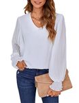 Blooming Jelly Womens V Neck Tops Chiffon Blouses Lantern Long Sleeve Tops Casual Shirts White