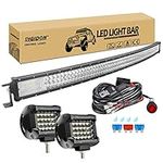 RIGIDON Curved 50 inch 648W Led Light Bar With 1 Pcs 12V 2 Lead Wiring Harness Cable Kit, 2 Pcs 4inch 60W Led Work Light for Car Off road Truck Tractors SUV 4x4, Flood Spot Combo Beam, 6000K White