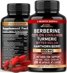 Berberine with Ceylon Cinnamon 8500 mg Apple Cider Vinegar | Hawthorn Berry | Citrus Bergamot | Bitter Melon | CoQ10 - 14-in-1 Supplement for Heart Support, Metabolism & Energy - Vegan, 60 Capsules