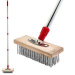 60" Stainless Steel Wire Broom Deck Scrub Brush with Long Handle, Outdoor Metal Floor Scrubber for Cleaning Moss, Tough Stains on Concrete, Grout, Garden, Garage, Patio, Swimming Pool