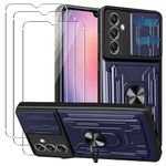 KZIOACSH for Samsung Galaxy A24 Case, [Slide Camera Cover] [Magnetic Kickstand Ring] [Removable Card Holder] Military Grade Anti-Scratch Tough Bumper Case with 3 Tempered Glass Screen Protector