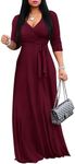 FANDEE Women's 2024 Maxi Dress - Solid Color Bohemian Summer Long Maxi Dress V-Neck 3/4 Sleeve, Solid Burgundy, Medium