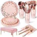 Nkaiso141Pcs Pink and Rose Gold Party Tableware, Party Paper Plates and Cutlery Set Includes Plates Cups Dinnerware Napkins, for Birthday Wedding Babyshower Decorations Supplies-20 Guests