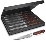 Navaris Set of Steak Knives - Set of 6 Stainless Steel Steak Knives with Wooden Handle - Serrated Blade Steak Knife Set Including Gift Box