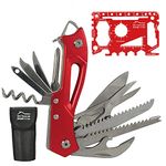 DIY TECH UK - 13 in 1 Pocket Multitool + Free 48 in 1 Wallet Tool - Extra Strong High Carbon Stainless Steel - Saw, Scissors, Tin Opener, Bottle Opener, Knife, Corkscrew, Screwdriver - Red with Pouch