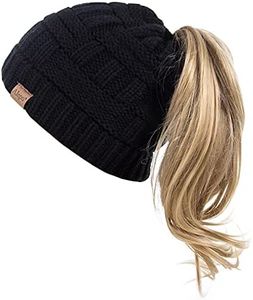 Alepo Womens High Messy Bun Beanie Hat with Ponytail Hole, Winter Warm Trendy Knit Ski Skull Cap (Black)