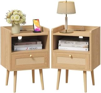 MECHYIN Night Stand Set of 2, Bedside Tables with Charging Station, Rattan End Tables, Bed Side Tables, Wood Nightstands Set of 2 for Small Space Farmhouse Kids' Room Bedroom Living Room Dorm Natural