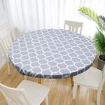 Waterproof Round Tablecloth, Elastic Edged Fitted Flannel Backed Table Cover Stain Resistant Oil-proof PVC Table Protector Cover for Dinning Room Kitchen Picnic Party (Grey Stripe, 110-140cm)