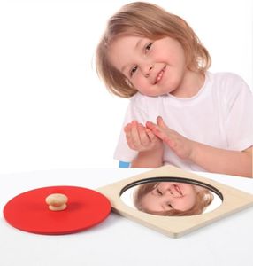 EduLand Montessori Self Care Activities Facial Recognition Peekaboo Knob Puzzle Mirror for Toddlers Wooden Frame knob pincer Grasp (Red)