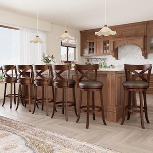 ALPHA HOME Swivel Bar Stools with Backs, 30 Inch Bar Stools Set of 6, Wooden Bar Stools, 360 Degrees Swivel Chairs with Upholstered, Wrap-Around Footrest for Pub, Kitchen, Dark Cherry/Fondant
