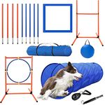 Kvittra Dog Agility Training Equipment Set, Dog Jump Training Obstacle Course Starter Kit Pet Agility Outdoor Games Dog Outdoor Games with Tunnel, Weave Poles, Adjustable Hurdle, Jump Ring