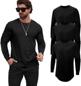 Mancozy Men's 3 Pack Cotton Hipster Hip Hop Longline Crewneck Long-Sleeve T-Shirt,Long-Sleeved T Shirts for Men Pack Medium Black/Black/Black