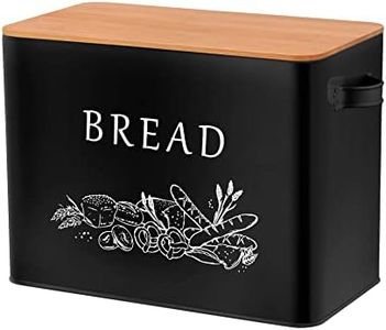 TeamFar Bread Box with Wooden Lid, 13.1” x 7.2” x 9.7” Metal Bread Container Storage Holder for Family Farmhouse Kitchen Countertop, Powder-Coated & Healthy, Large Capacity & Classic Pattern (Black)