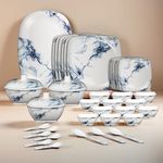 Thermador Melamine 40 Pcs Dinner Set | Crockery Set |6 Dinner Plates, 6 Small Plates, 1 Serving Tray, 3 Big Serving Bowls with Lid, 12 Small Bowls, 6 Spoons, 3 Serving Spoons (White Blue)